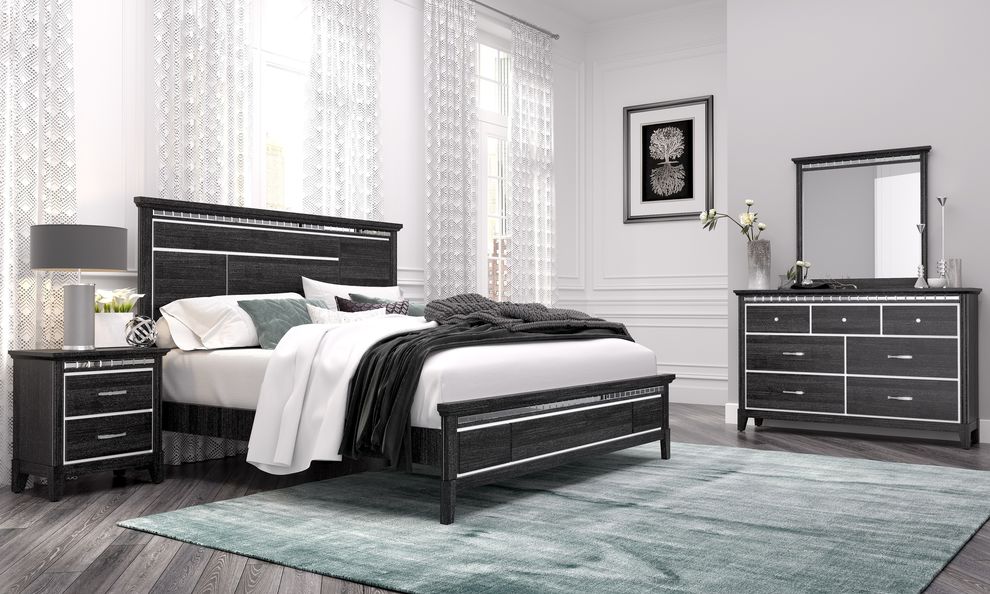 Affordable black contemporary bed w/ mirrored accents by Global