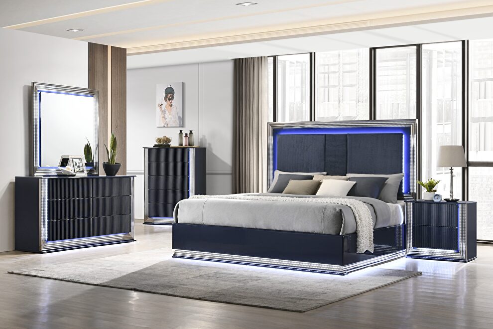 Contemporary navy blue king bed w/ light by Global