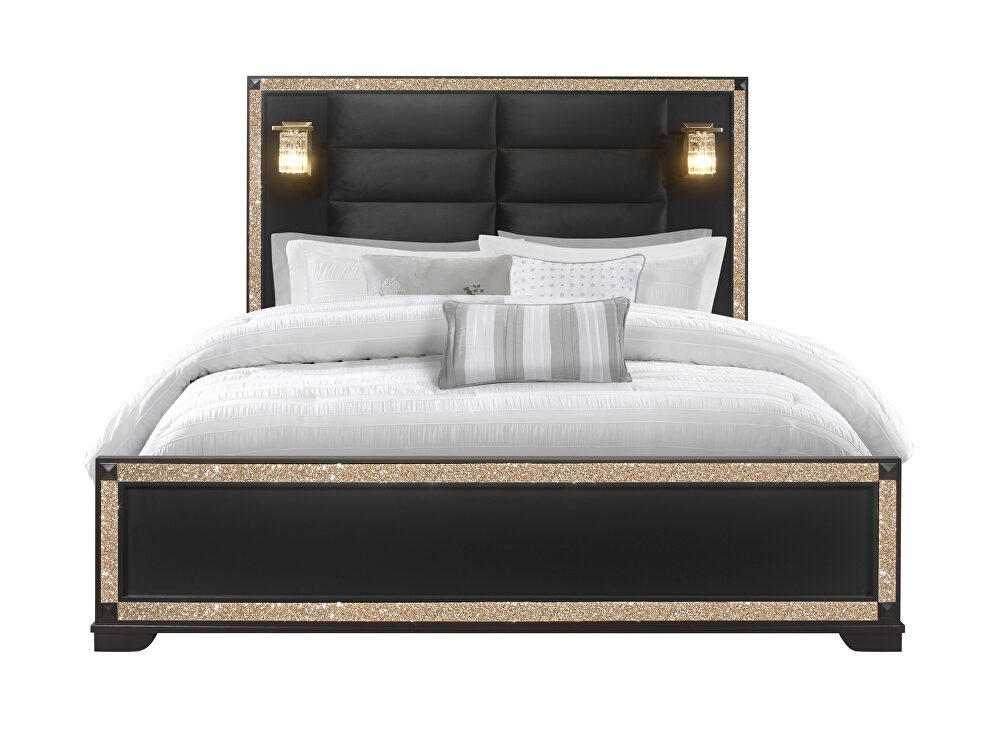 Gold / black king size bed with lamps in glam style by Global