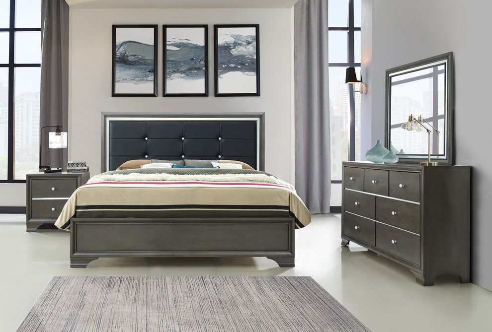 Simple light gray wood veener platform king bed by Global