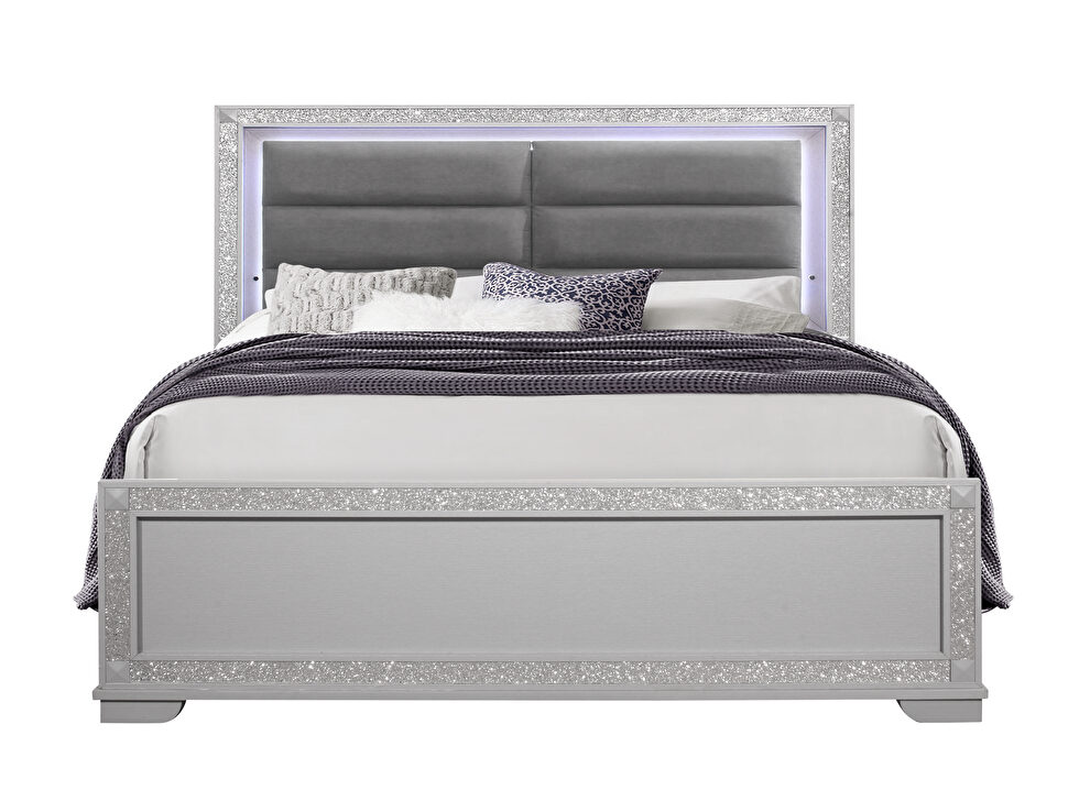 Glam style silver full bed  w/ led lights and crystals by Global
