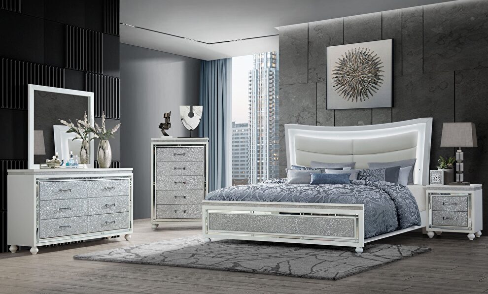 White queen bed with crystals and led in glam style by Global