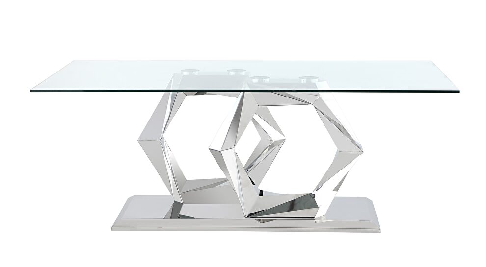 Clear glass top dining table w/ geometric chrome base by Global