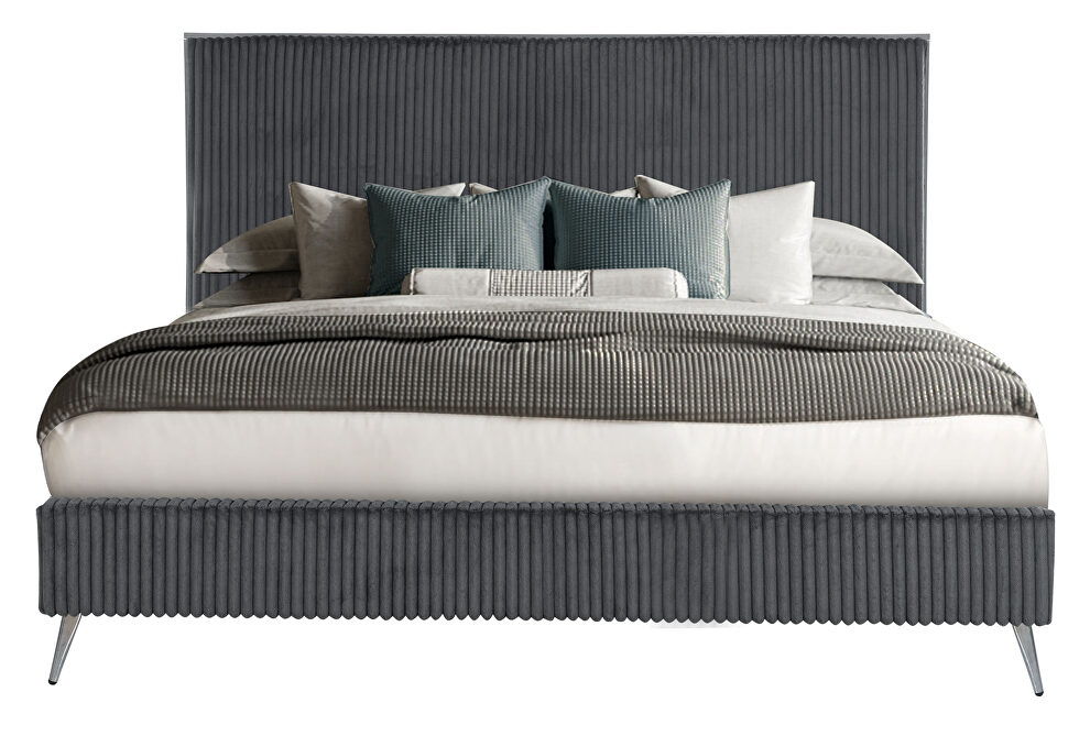 Dark grey stylish king bed w/ upholstered headboard by Global