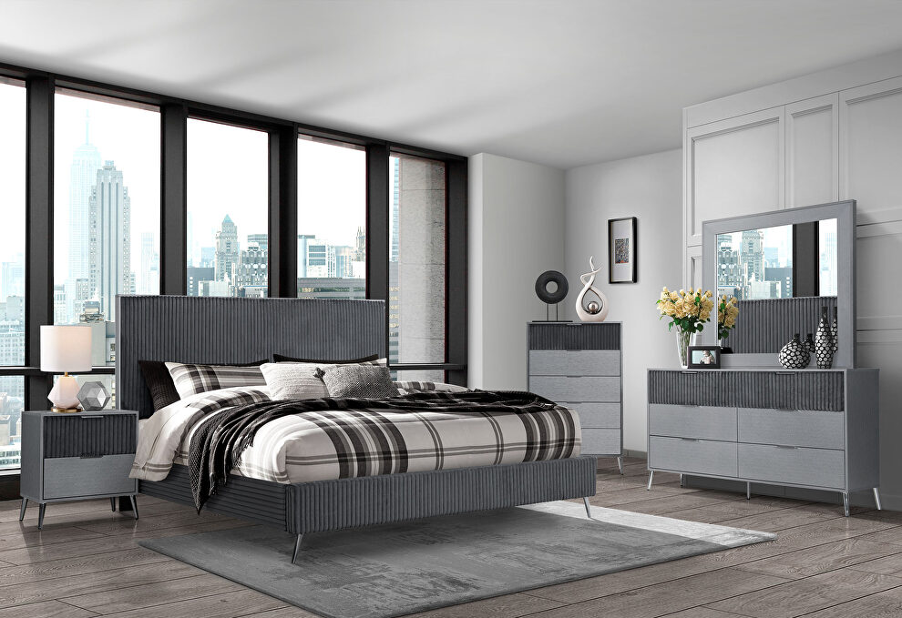 Dark grey stylish queen bed w/ upholstered headboard by Global