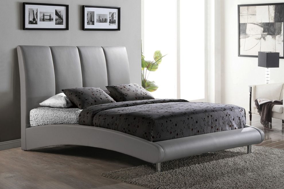 Modern gray PU platform queen bed by Global