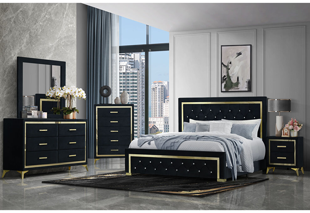 Black with golden trim stylish bed in glam style by Global