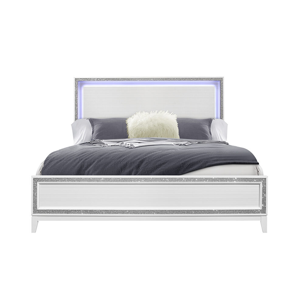 White king bed w/ led headboard and crystals by Global