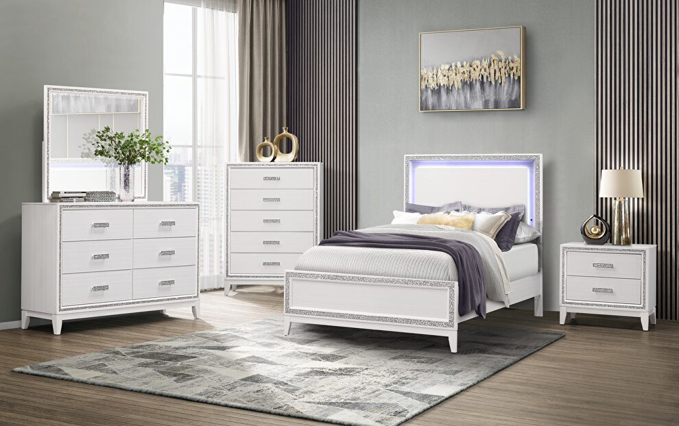 White queen bed w/ led headboard and crystals by Global