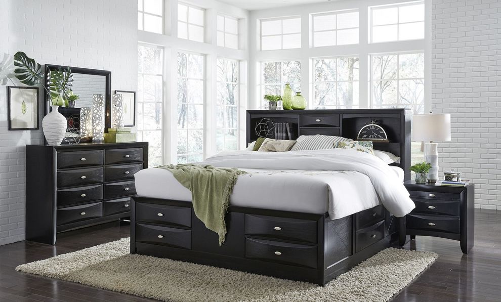 Modern black wood bed w/ platform and drawers by Global