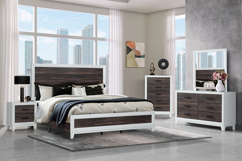 Modern farmstyle queen bed with dark oak inlay by Global