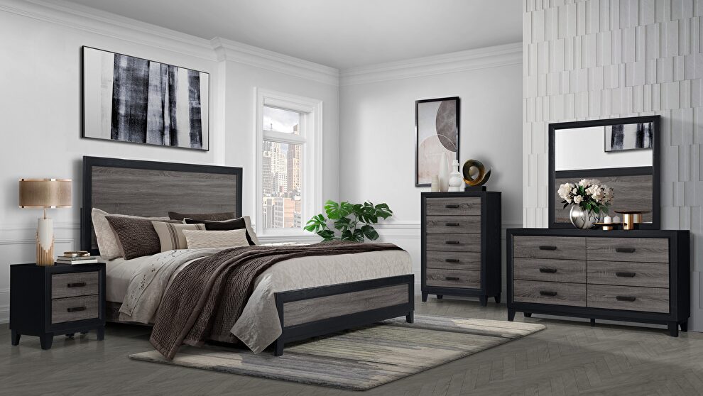 Modern farmhouse king bed with gray inlay by Global