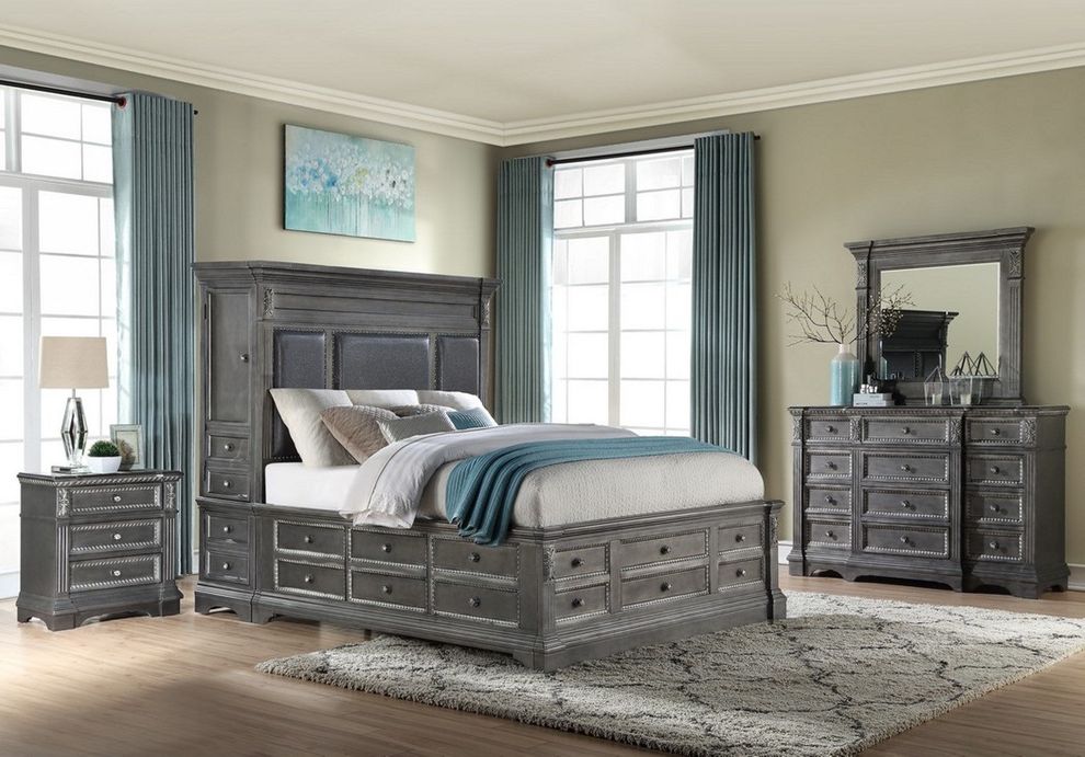 Gray finish king bed w/ drawers and tower storage by Global
