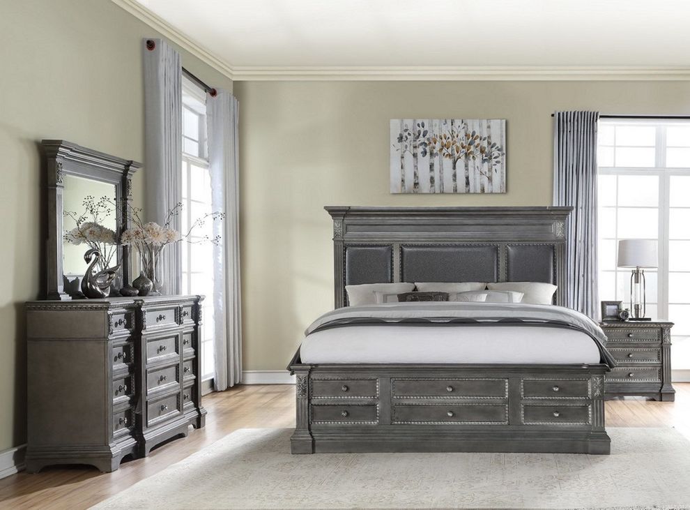 Gray finish bed w/ drawers and tower storage by Global