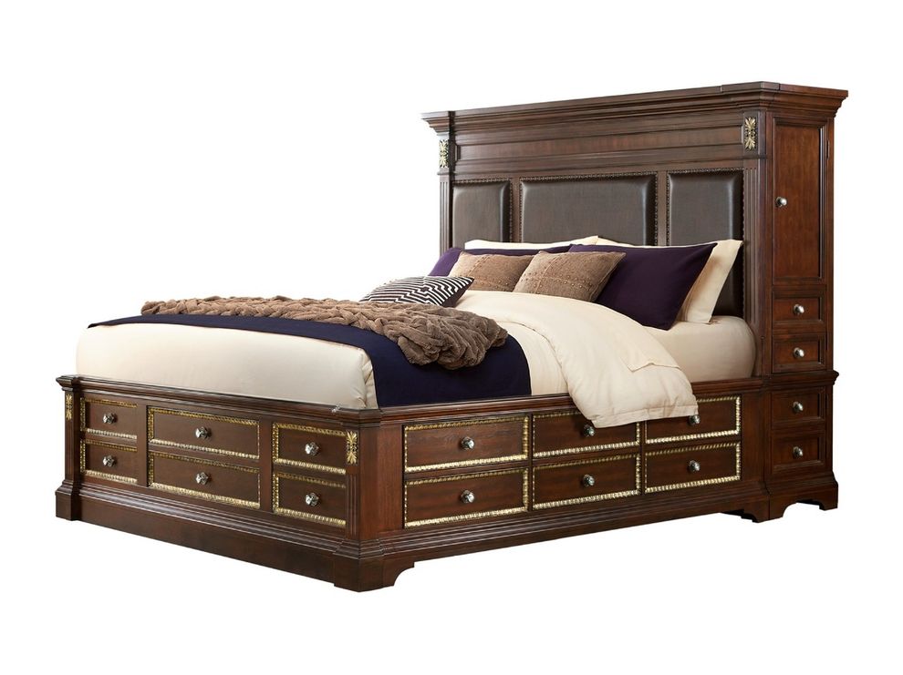 Cherry finish king bed w/ drawers and tower storage by Global