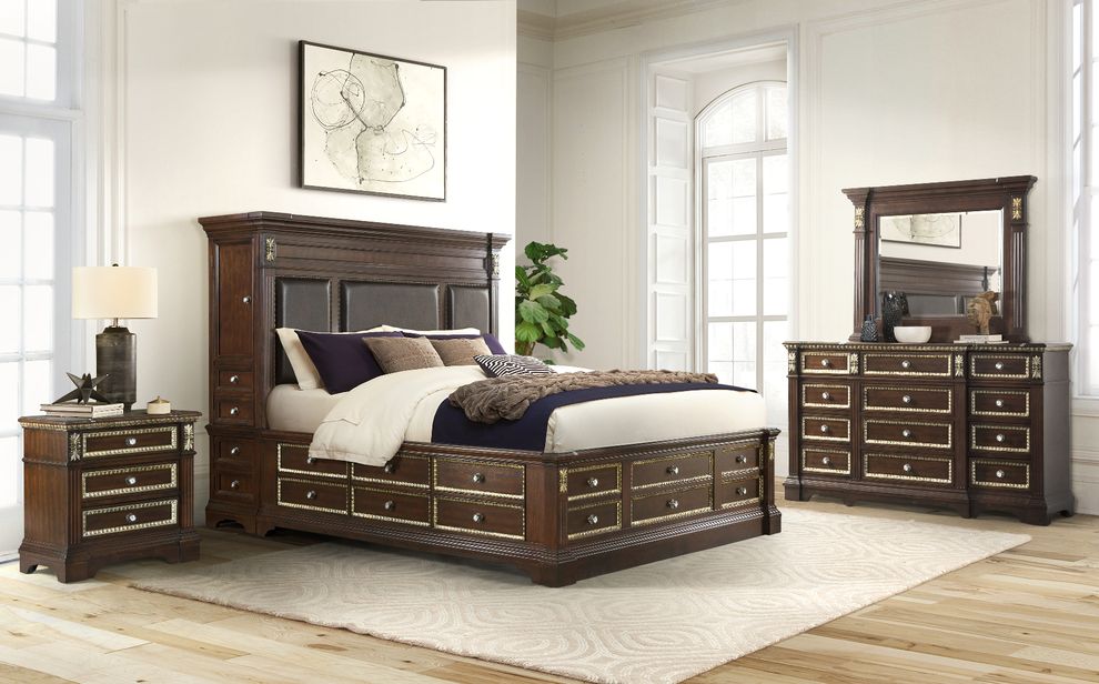 Cherry finish bed w/ drawers and tower storage by Global