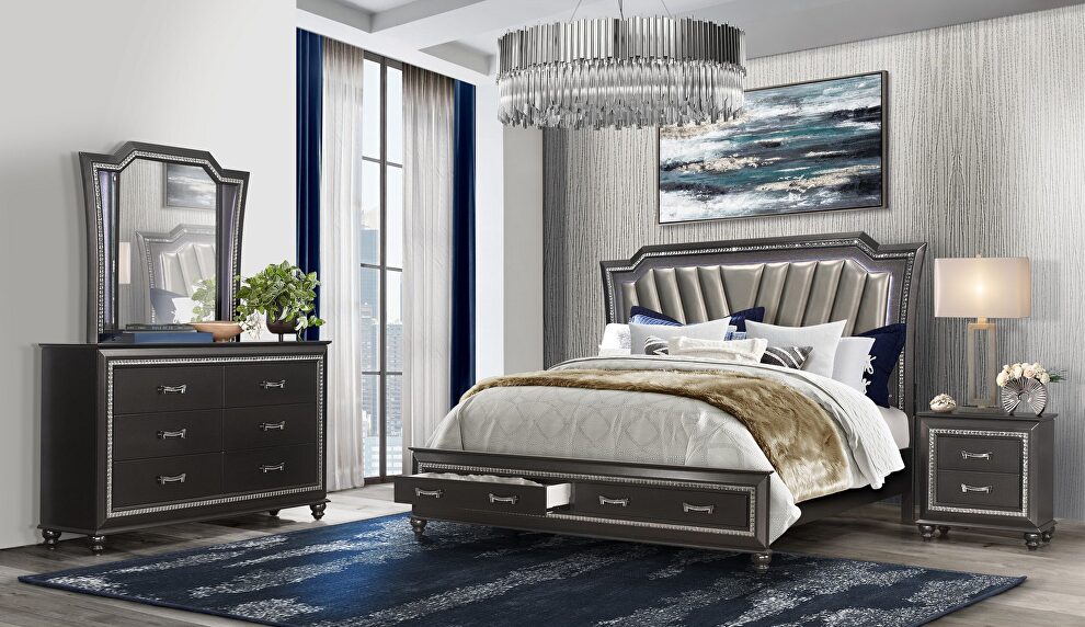 Silver glam style queen bed w/ tufted headboard by Global