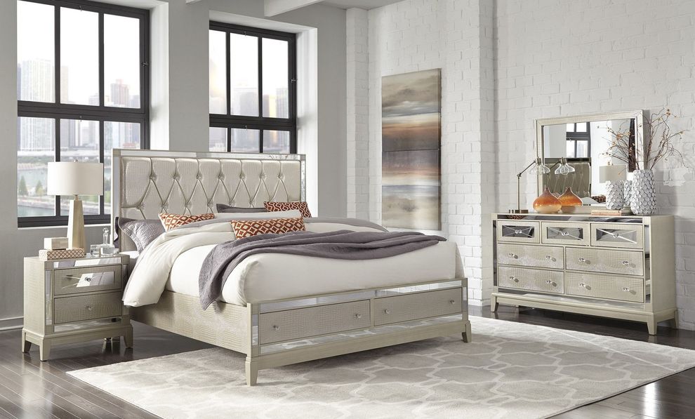 Champagne color mirrored accents king bed by Global