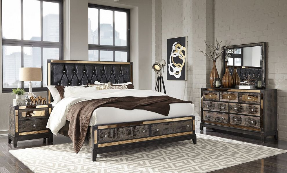 Luxurious golden mirrored accents king size bed by Global