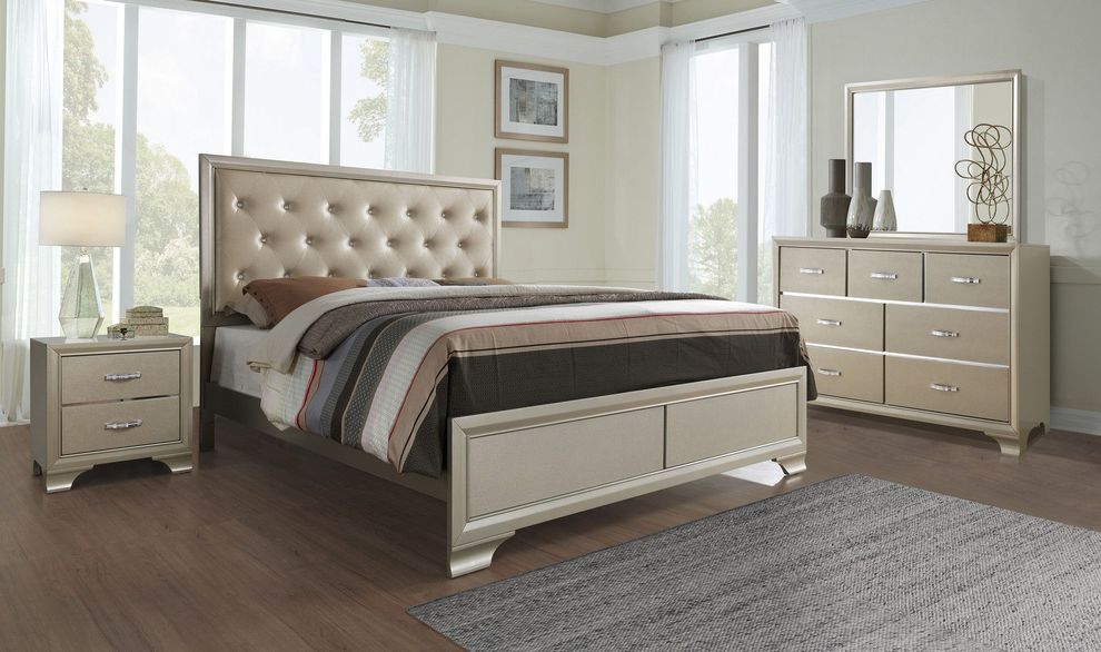 Modern simplistic king bed in champagne finish by Global