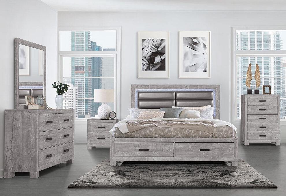 Washed gray sleek design modern king bed by Global