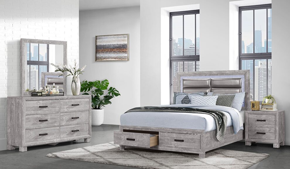 Washed gray sleek design modern queen bed by Global