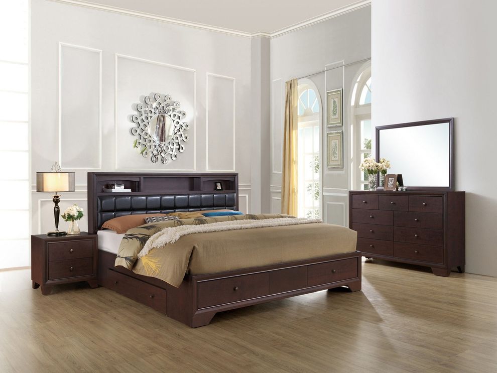 Dark merlot finish wood modern king size bed by Global