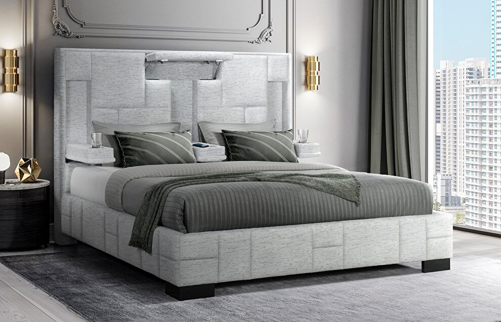 Bryson gray fabric bed w/ built-in lights and cup holders by Global