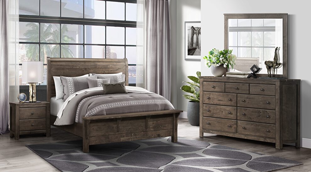 Grey oak finish farmstyle queen bed by Global