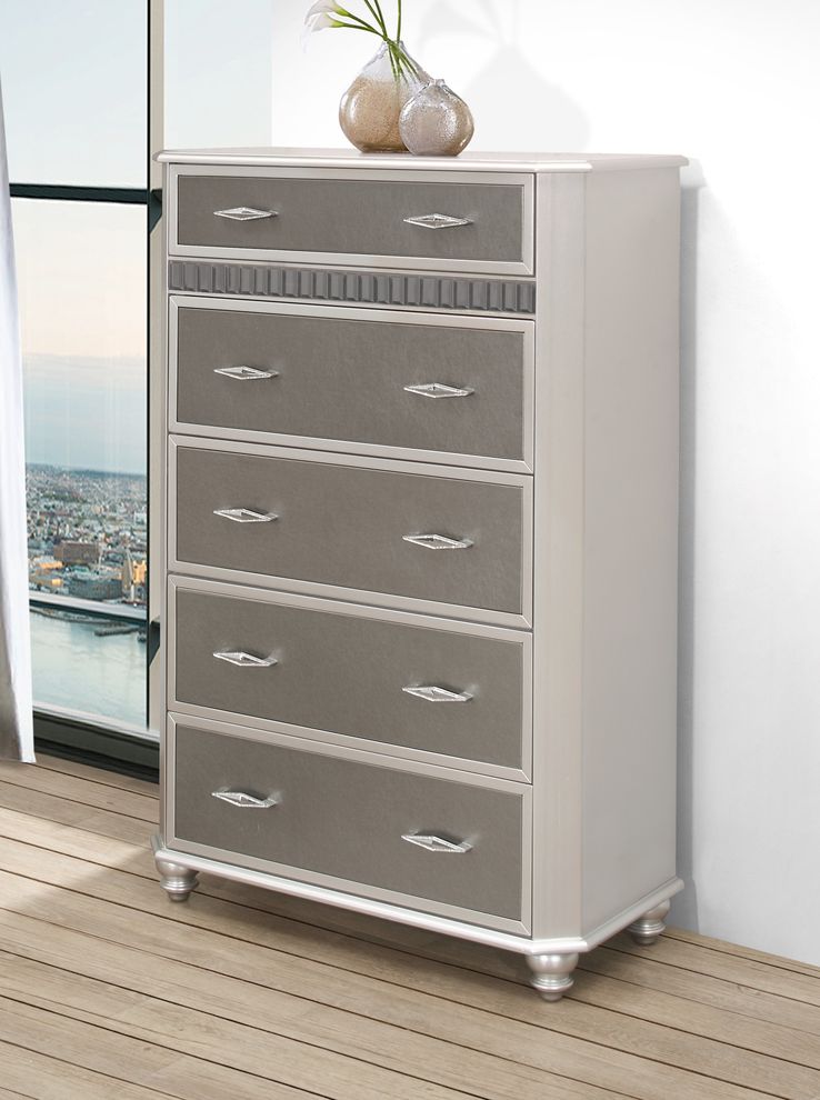 Silver metallic finish glam style 5 drawer chest by Global