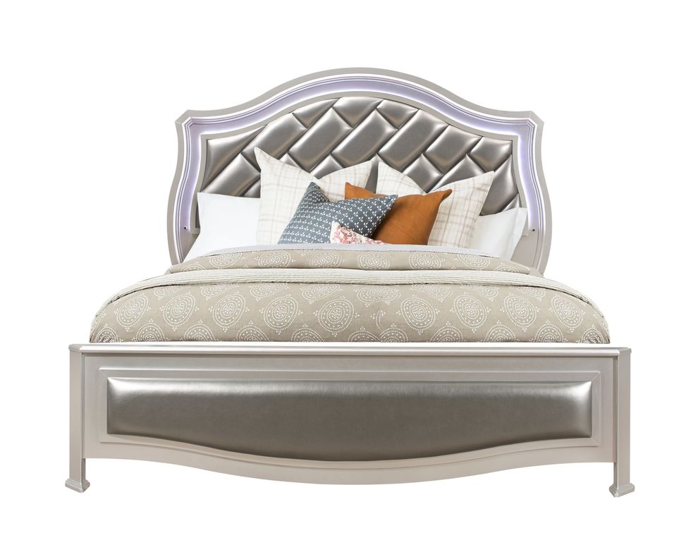 Silver metallic finish glam style king bed by Global
