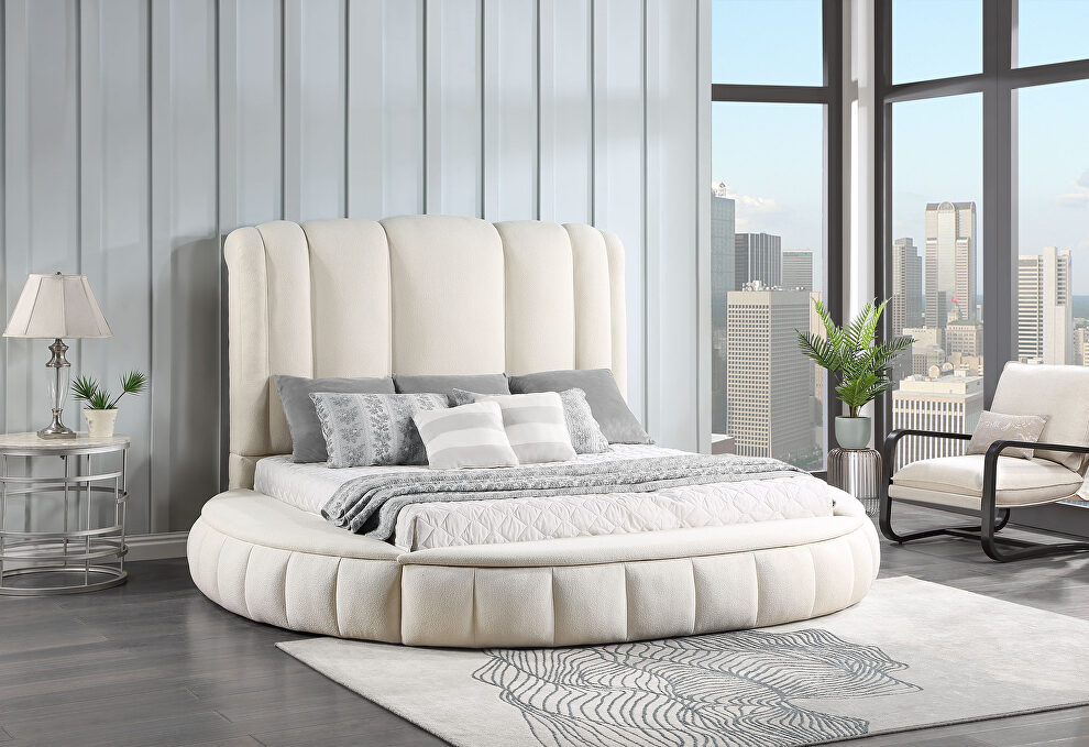 White king bed in round shape w/ storage by Global