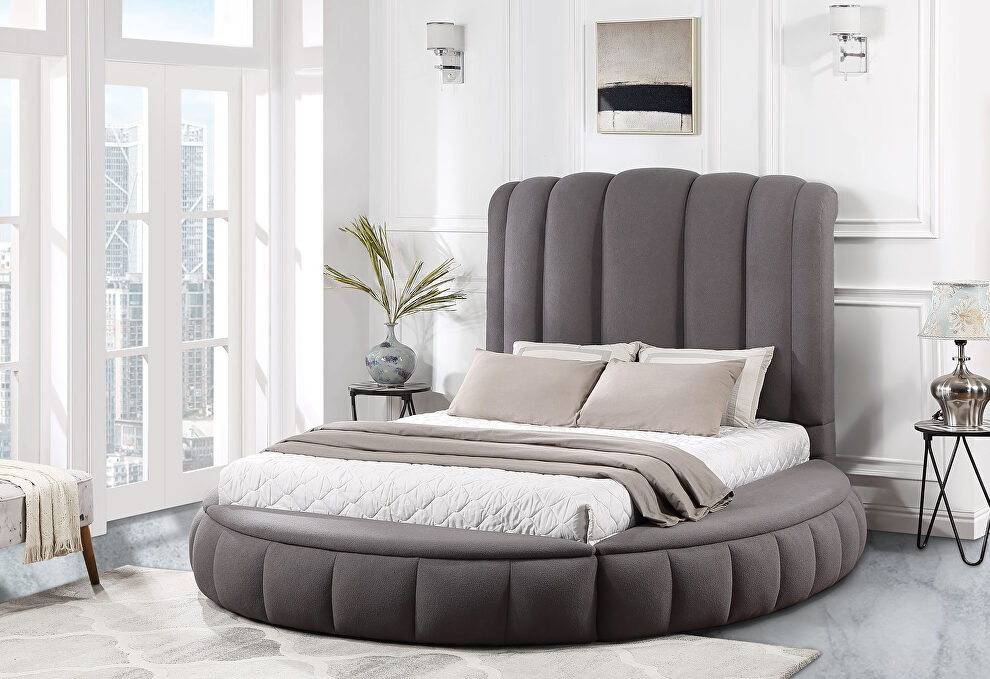 Gray queen bed in round shape w/ storage by Global