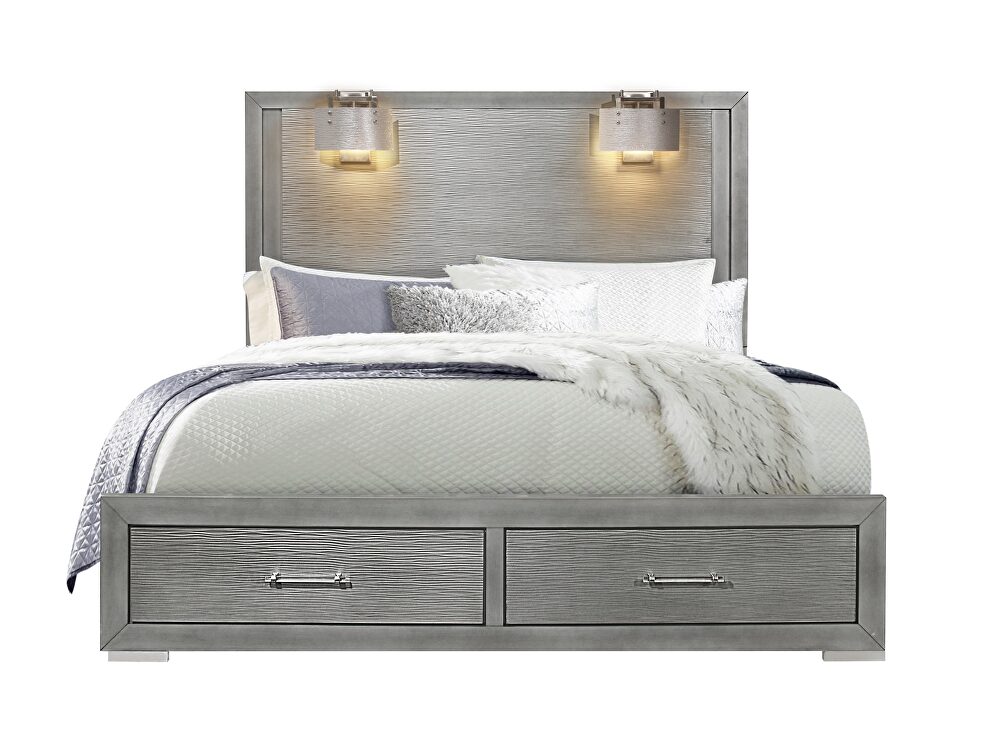 Silver gray full size bed w/ lamps by Global