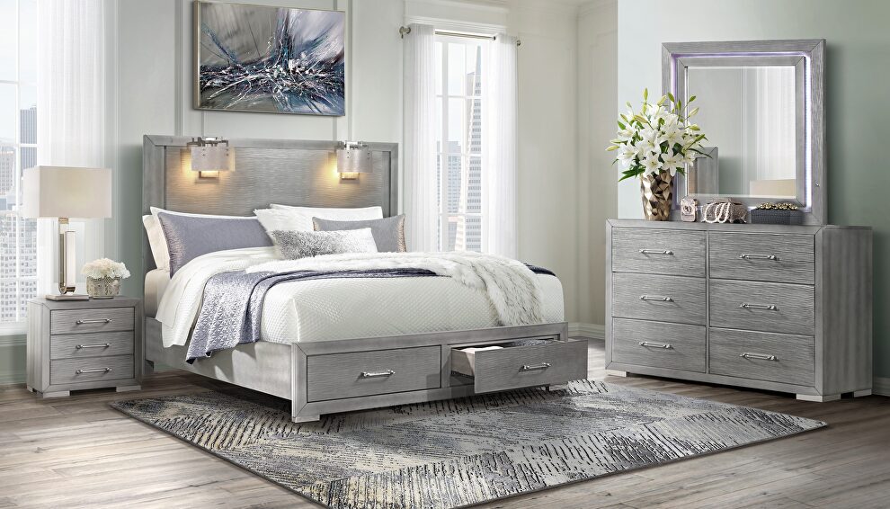 Silver gray king bed w/ lamps by Global