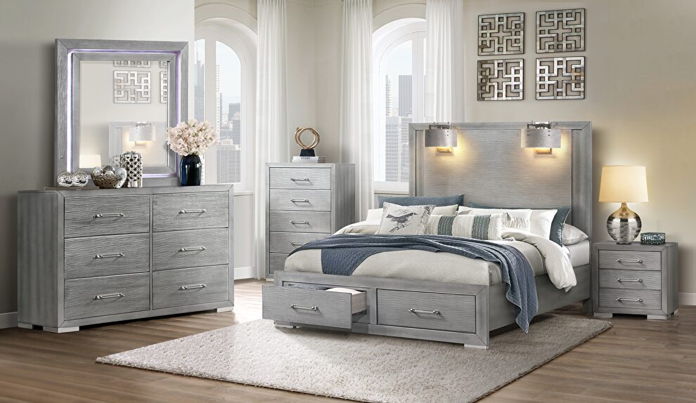 Silver gray queen bed w/ lamps by Global