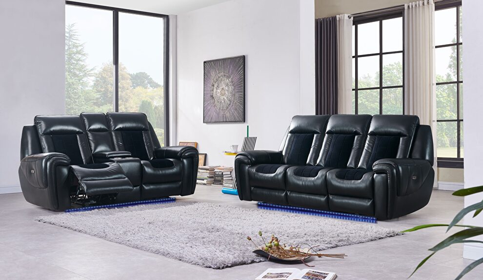 Blanche black/ black velvet power reclining sofa by Global