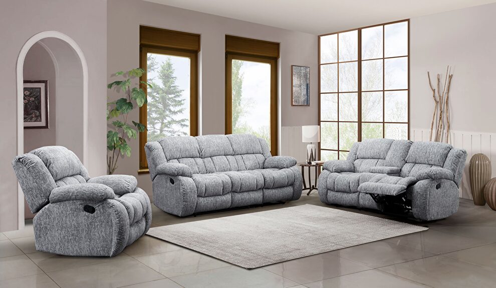 Grey reclining sofa in performance fabric by Global