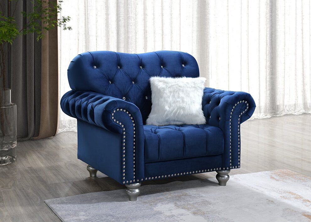 Blue velvet like fabric tufted curved chair by Global