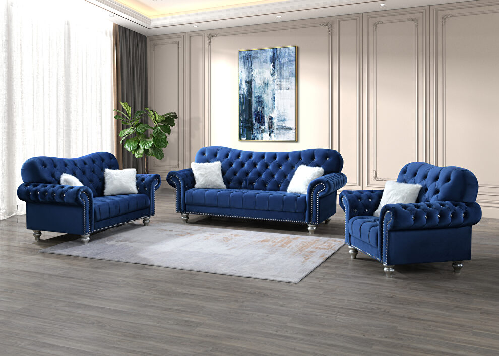 Blue velvet like fabric tufted curved sofa by Global