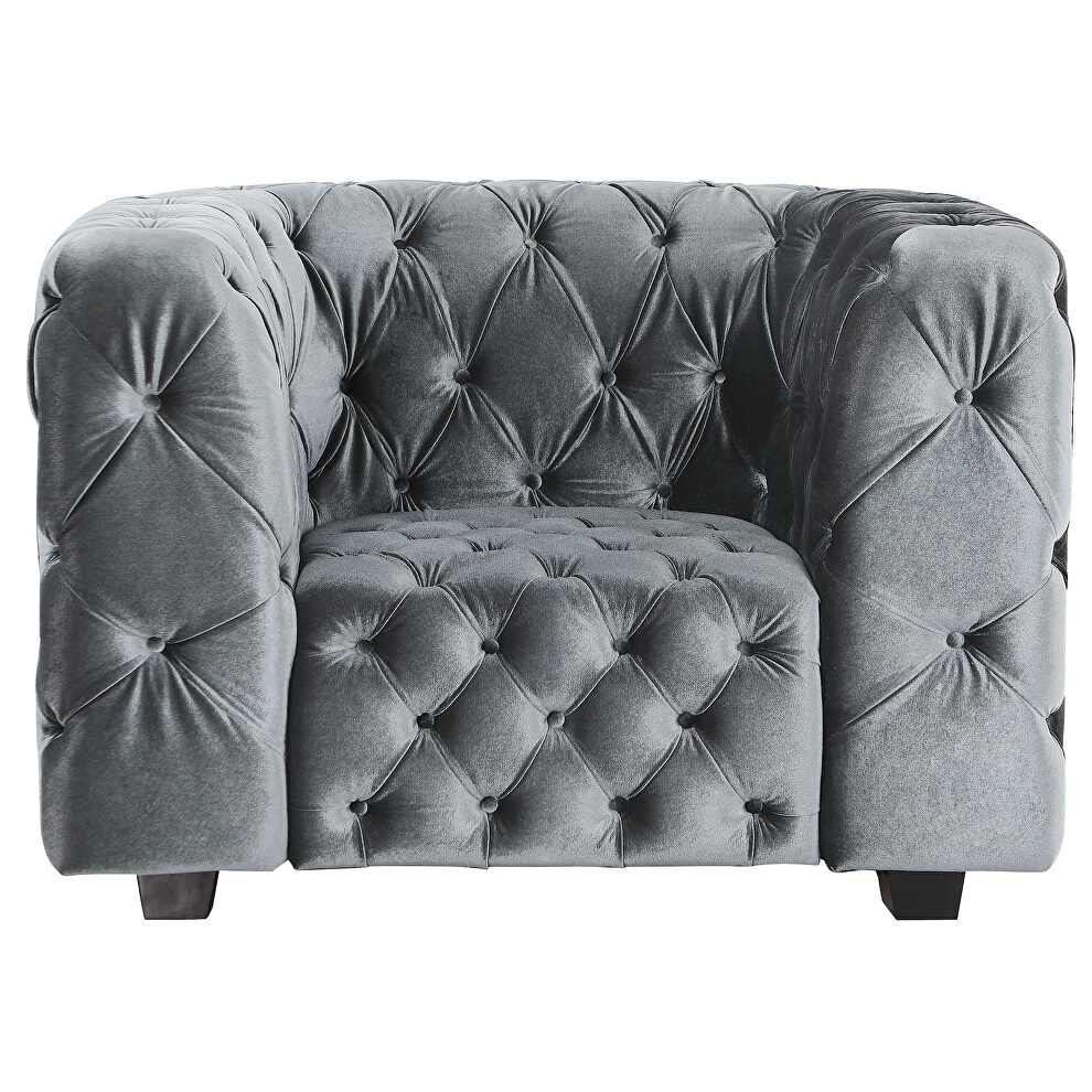 Grey velvet chair with tufted seat and back by Global