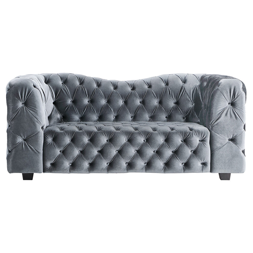 Grey velvet loveseat with tufted seats and back by Global
