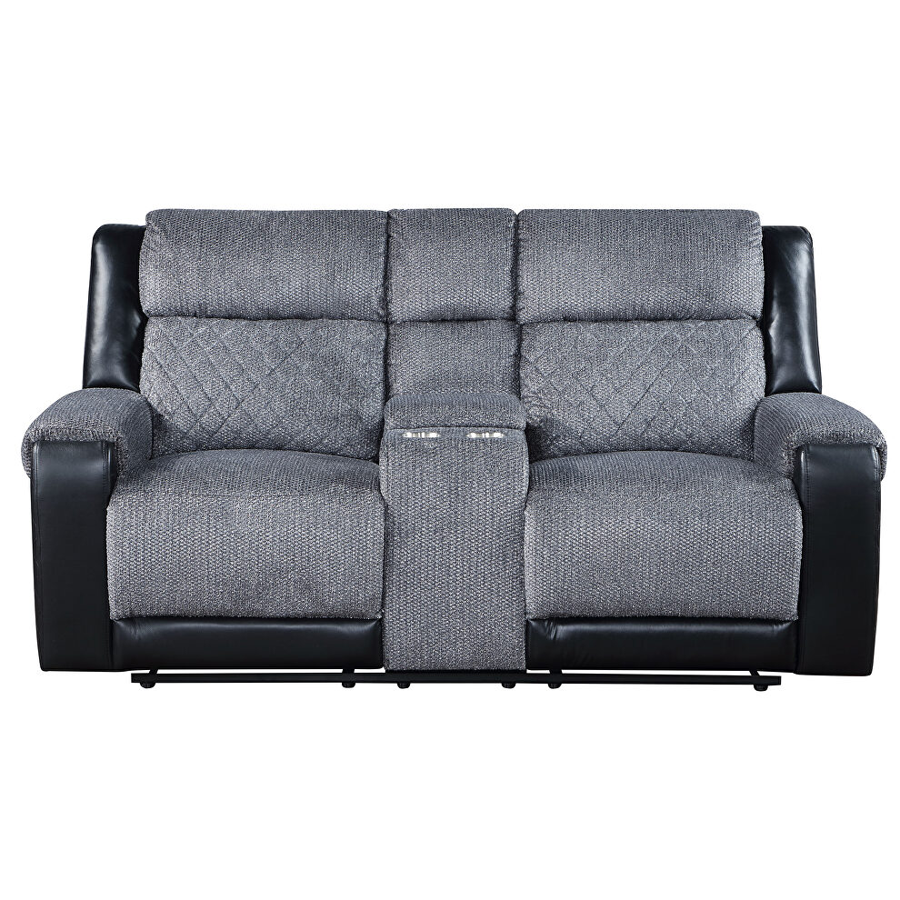 Two-tone dark gray fabric console reclining loveseat by Global