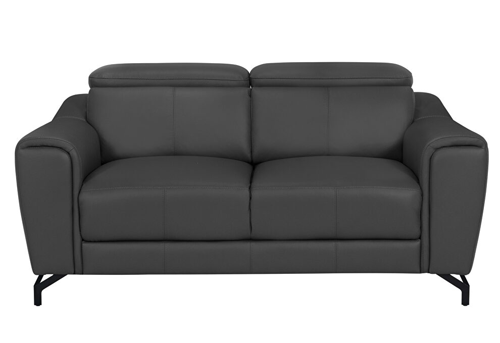 Dark grey leather loveseat with adjustable headrests by Global