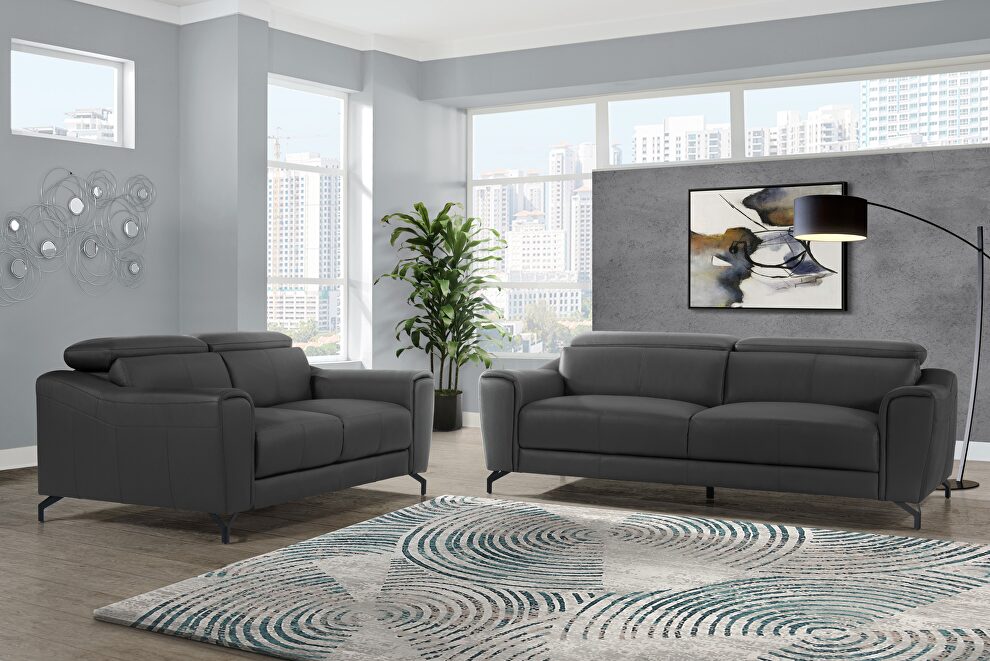Dark grey leather sofa with adjustable headrests by Global