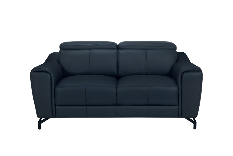 Navy blue leather loveseat with adjustable headrests by Global