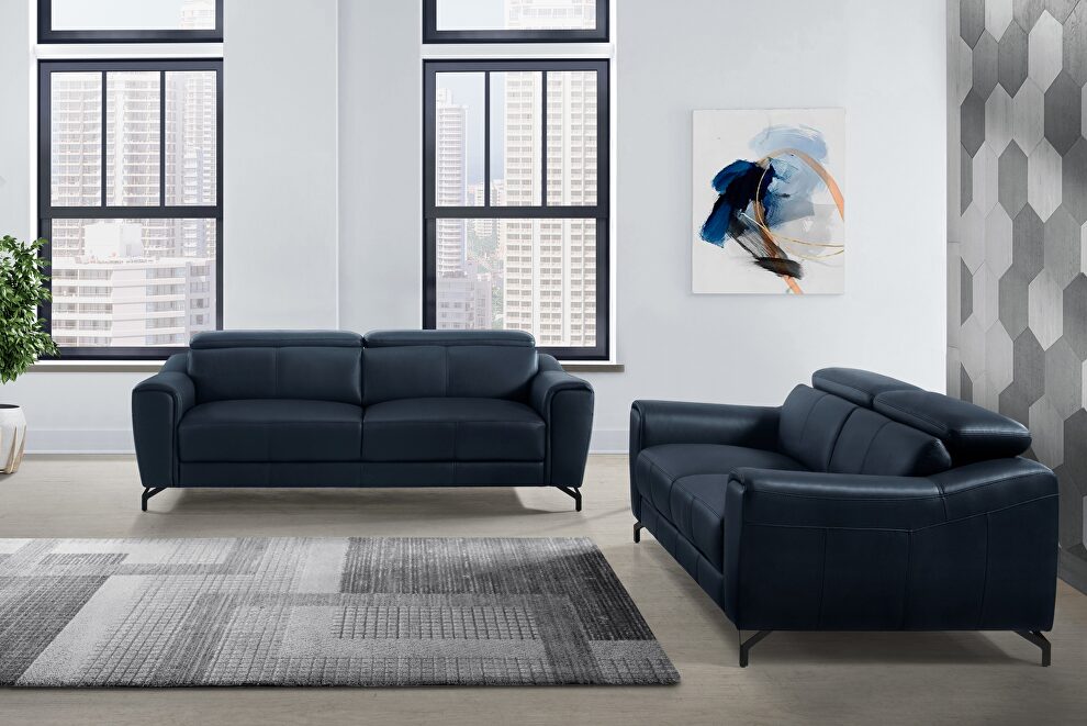 Navy blue leather sofa with adjustable headrests by Global