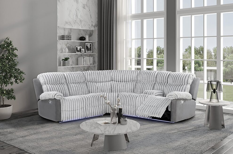 Gray recliner corduroy fabric sectional sofa w/ led by Global