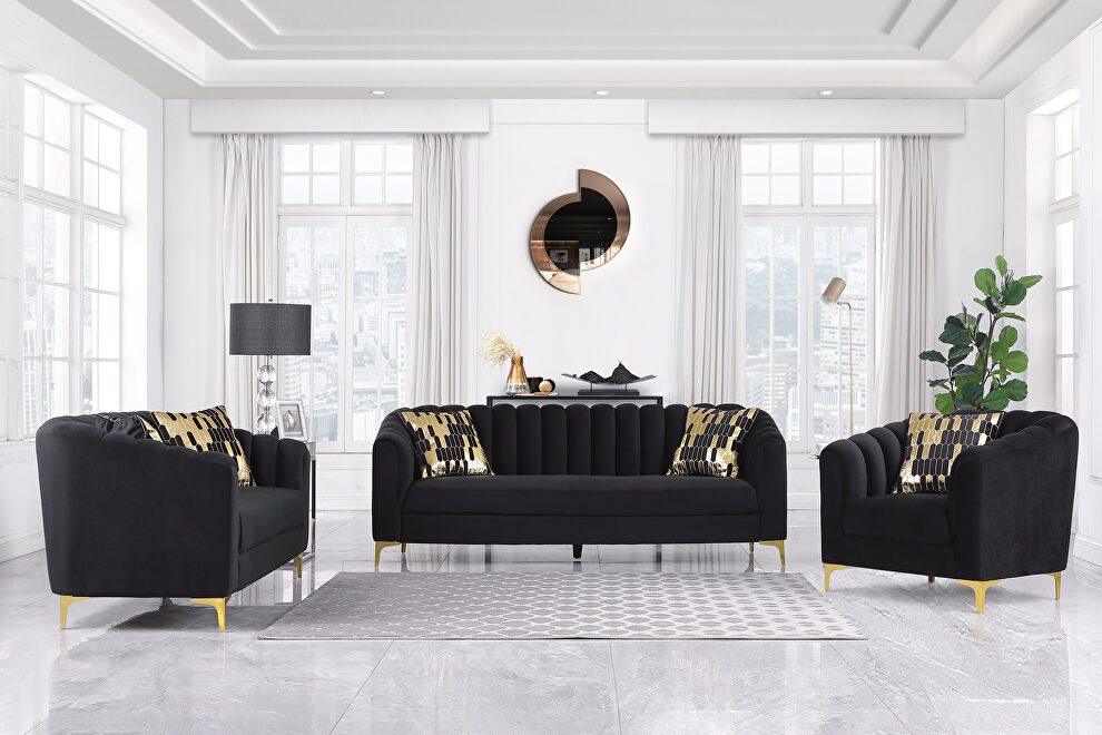 Black velvet fabric glam sofa w/ golden legs by Global