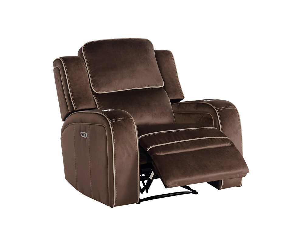 Power recliner chair in brown fabric by Global